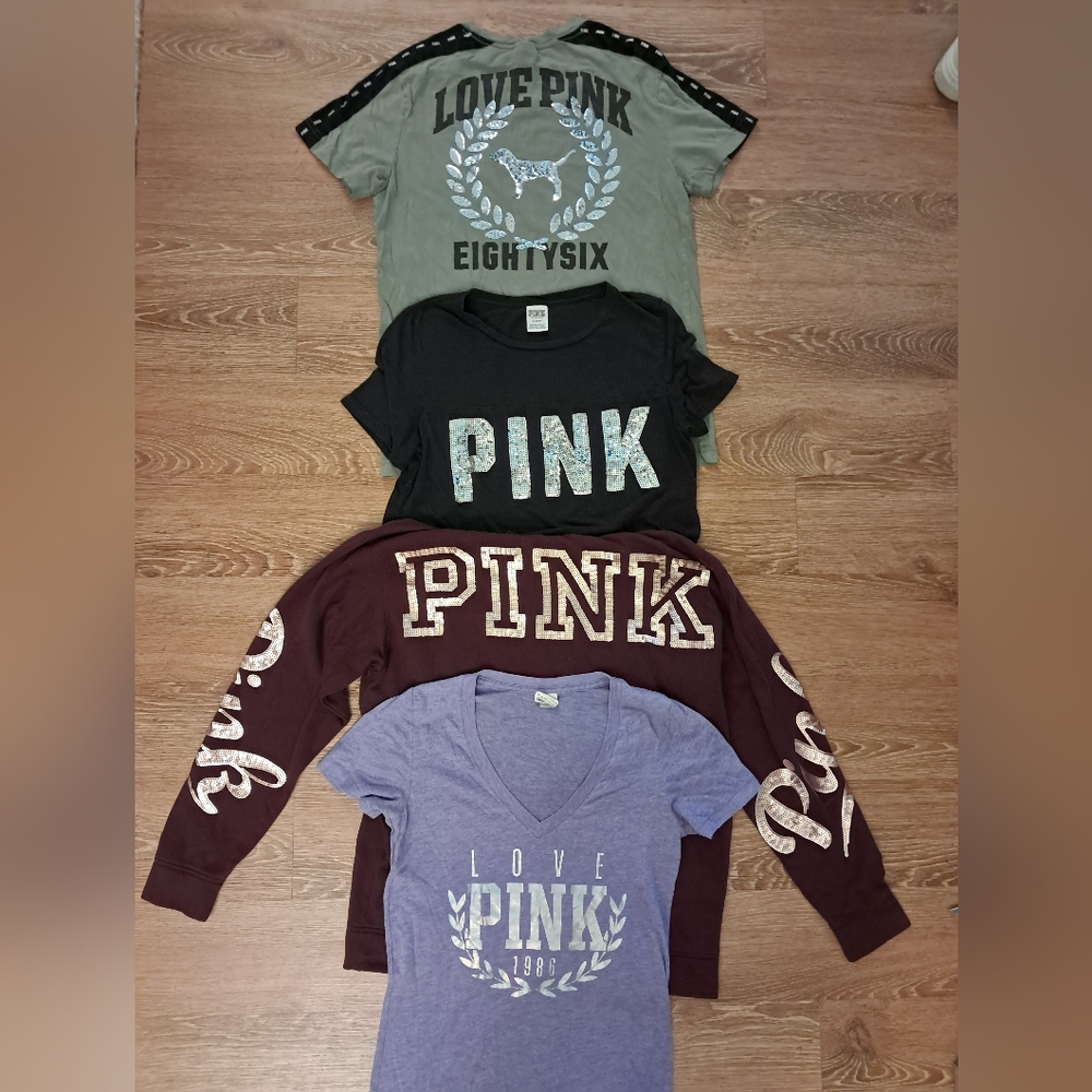 PINK Victoria's Secret BUNDLE Tees + Hoodie Sweatshirt Sequins Bling